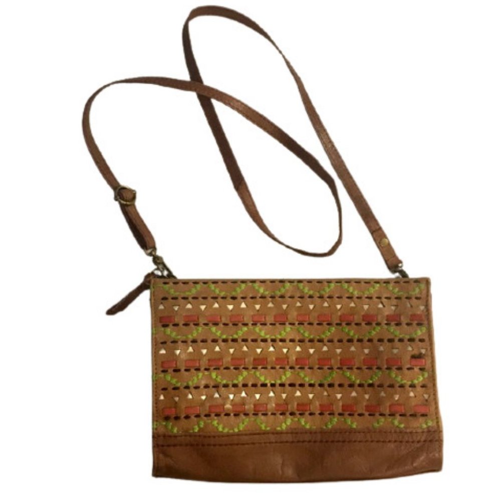 The Sak Bag  Leather Shoulder Crossbody Clutch Boho Brown Lime Orange